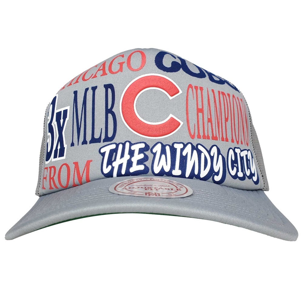Chicago Cubs Mitchell &‎ Ness MLB Trucker Cap Hat Puff Print Logo Gray Mesh NWT